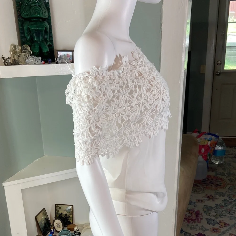 White Boho Bohemian Sheer Chiffon Floral Lace Off-Shoulder Blouse XSmall XS - Picture 5 of 8